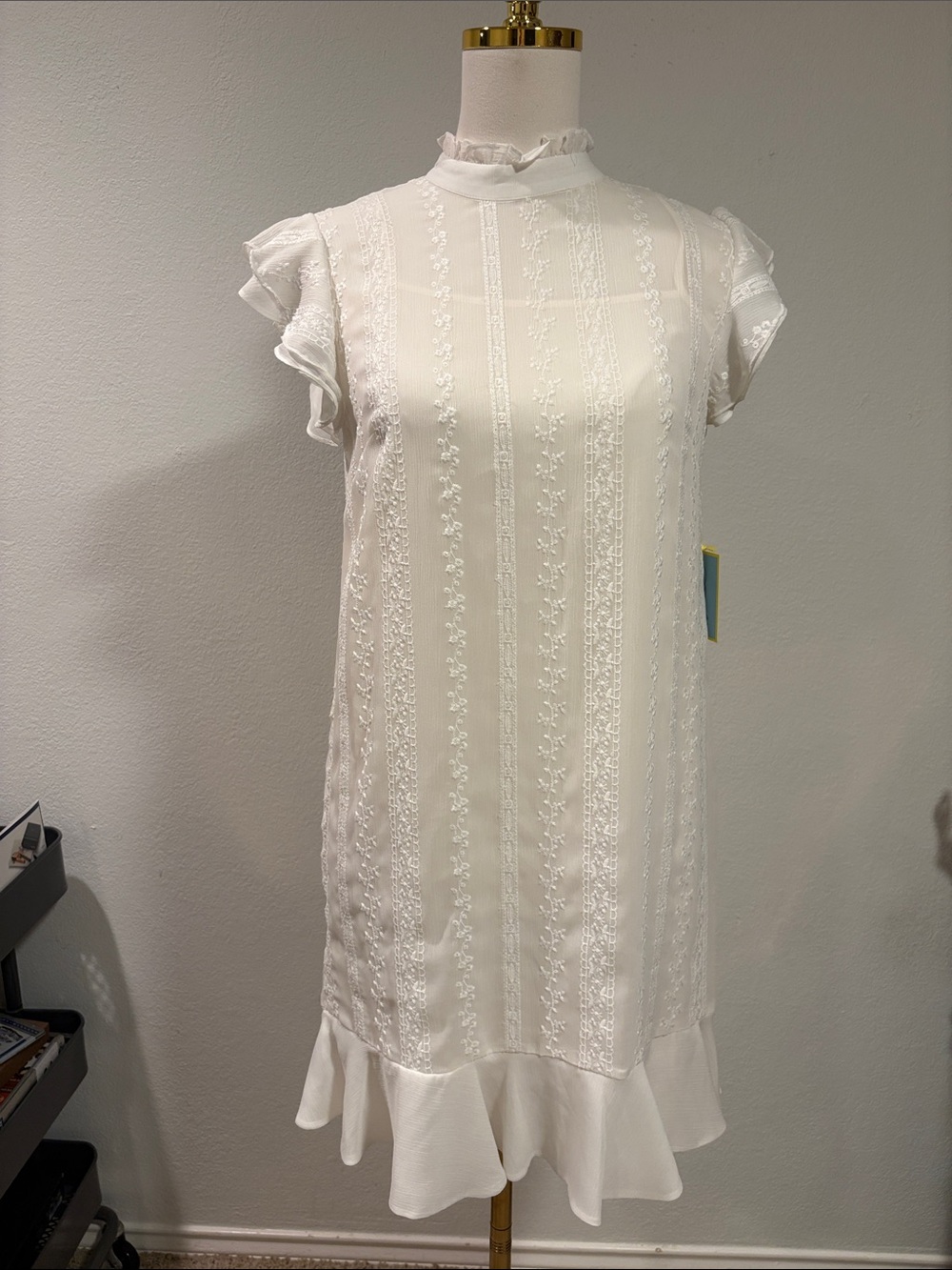 CeCe White Embroidered Ruffle-Hem Dress